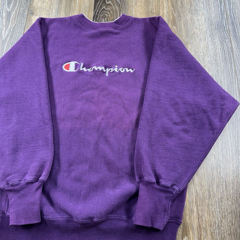 Vintage Champion Reverse Weave Sweatshirt Mens XL Purple Spellout Logo USA 90s